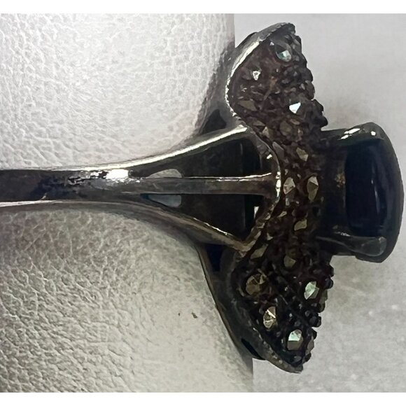 Vtg Black Onyx Marcasite Statement Ring 925 Thailand Silver Size 6.75 Wavy .75" - Picture 5 of 13